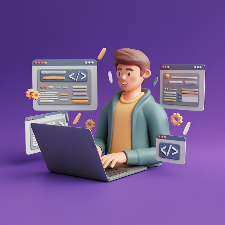 Photo a toy man sits in front of a laptop with a laptop on the screen