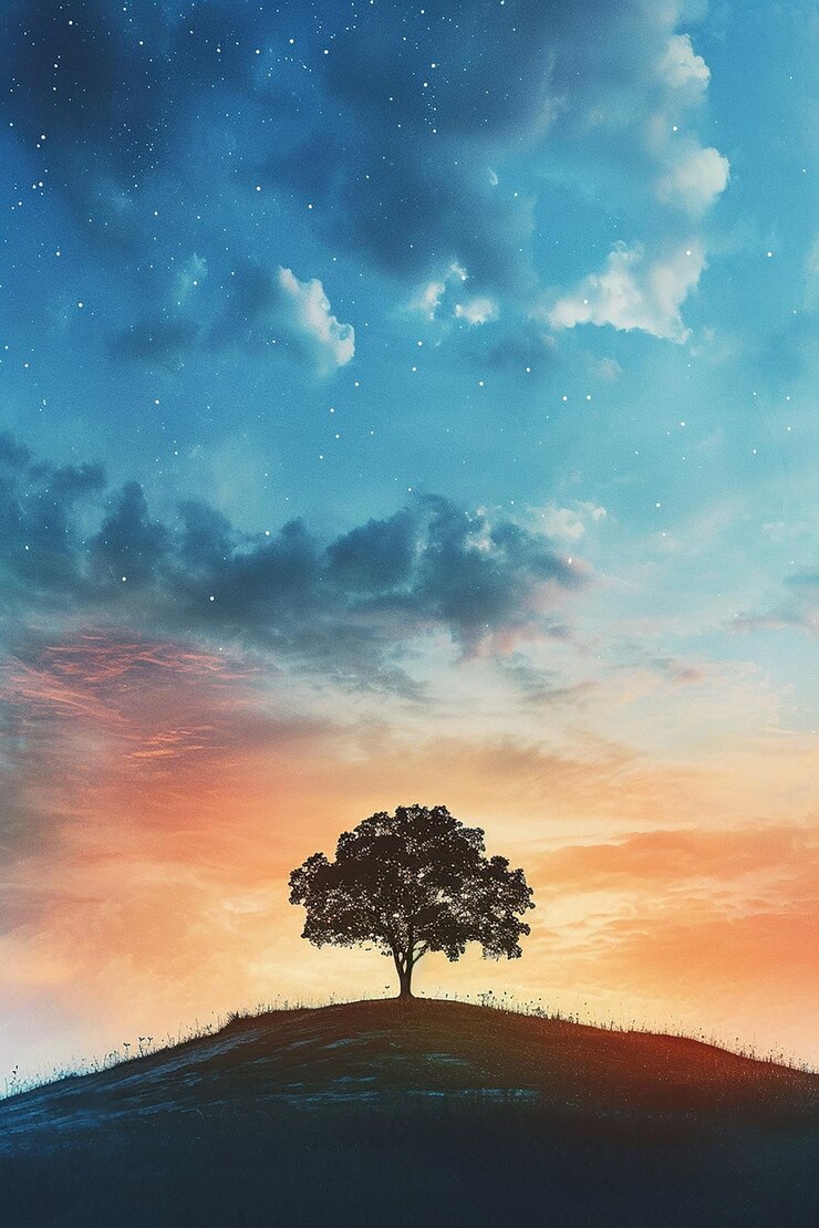 a tree on a hill with a sunset in the background