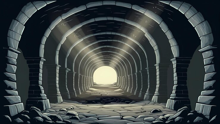 a tunnel with a light shining through it A deep underground catacomb with rows of stone arches