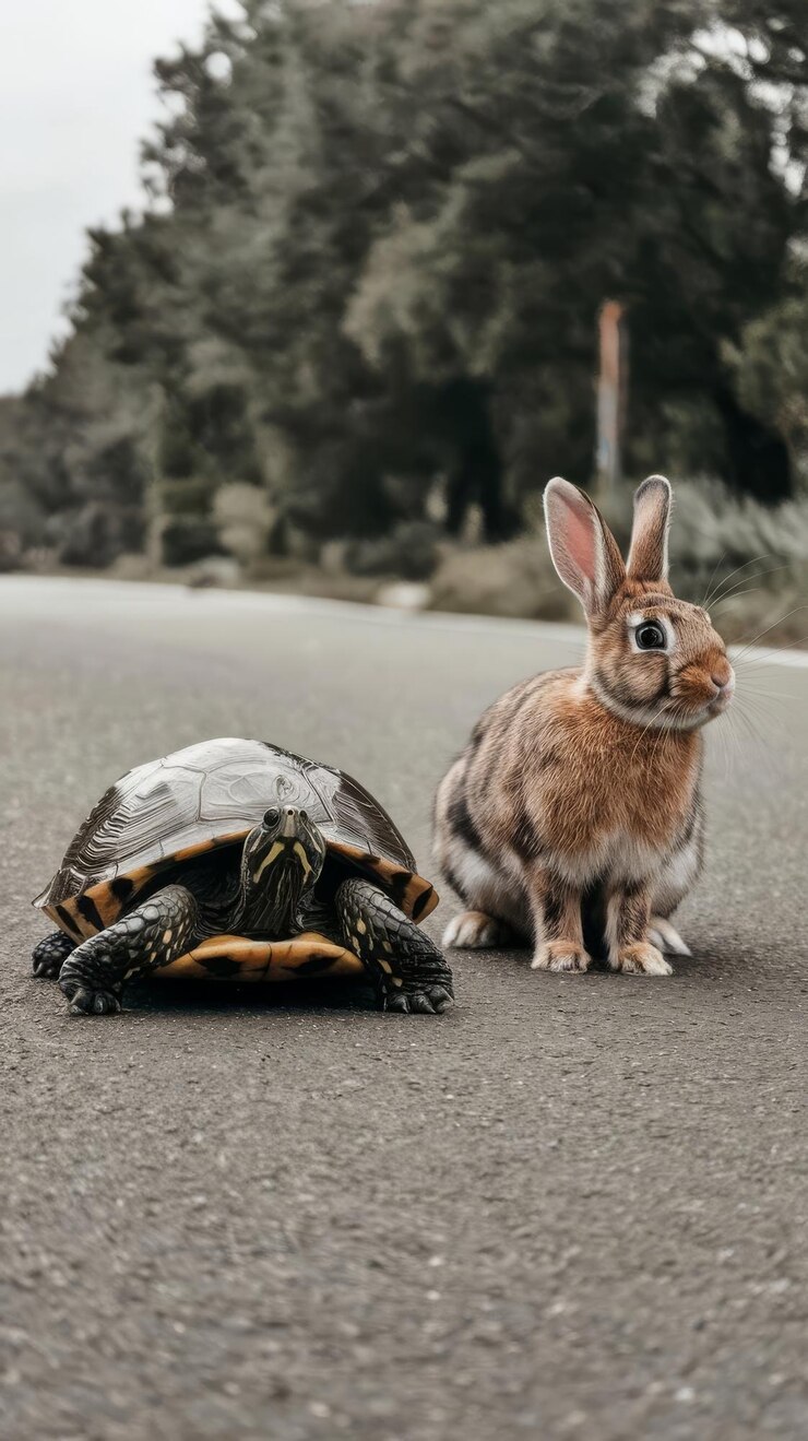 A turtle and a rabbit on a road