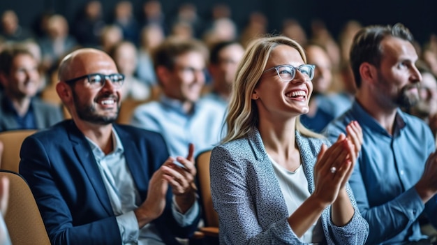 A una conferenza di lavoro il pubblico applaude con sorrisi IA generativa