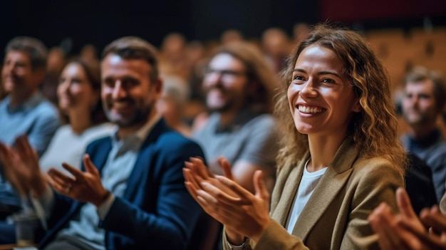 A una conferenza di lavoro il pubblico applaude con sorrisi IA generativa