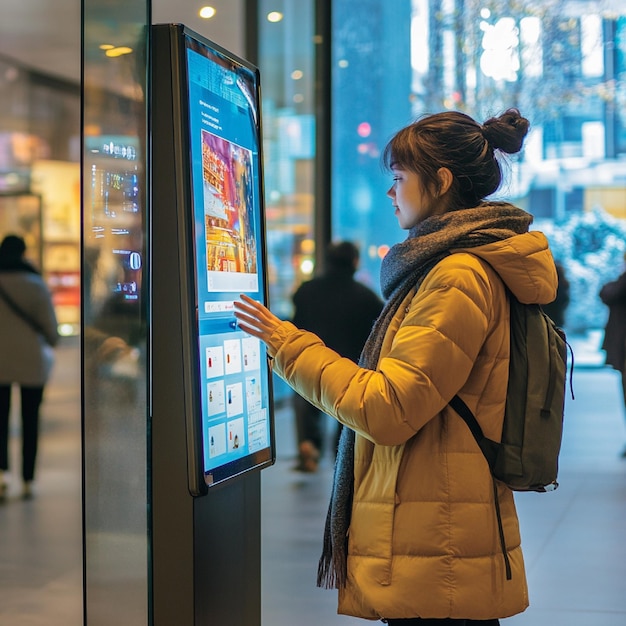 A user interacting with an interactive kiosk or touchscreen display in a public space4