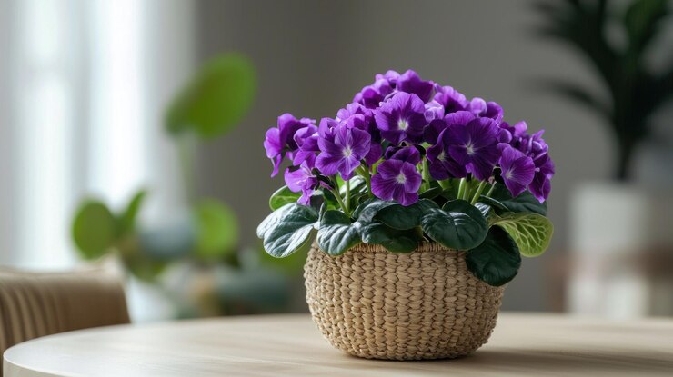 A vibrant African Violet sitting on a dining table bringing a pop of color to the neutral space
