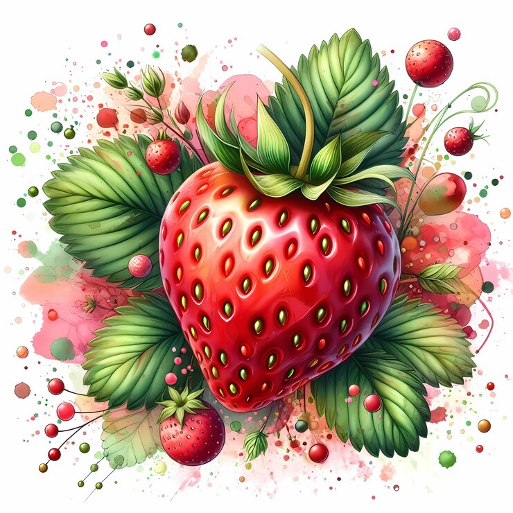 A vibrantly detailed strawberry prominently positioned in the center