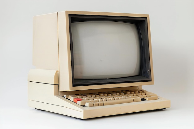 a vintage desktop computer with an empty white screen standing upright on its side against a pure w