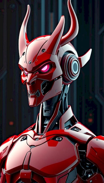A vivid closeup of a red robotic character with sharp features