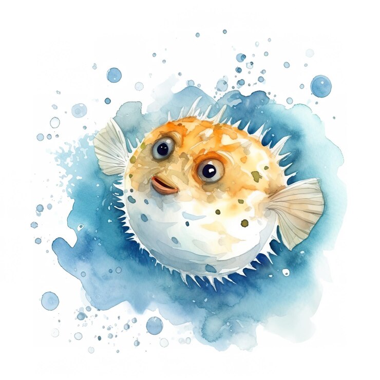 A watercolor painting of a puffer fish Generative AI image