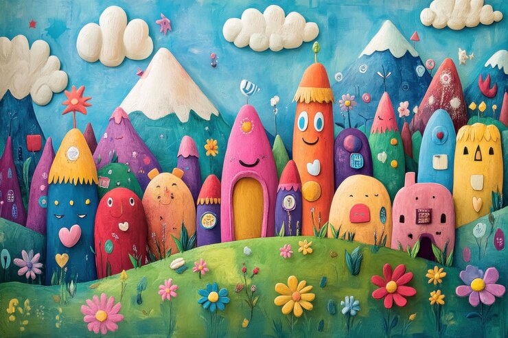 A whimsical colorful landscape with cartoonlike buildings flowers and mountains made of clay