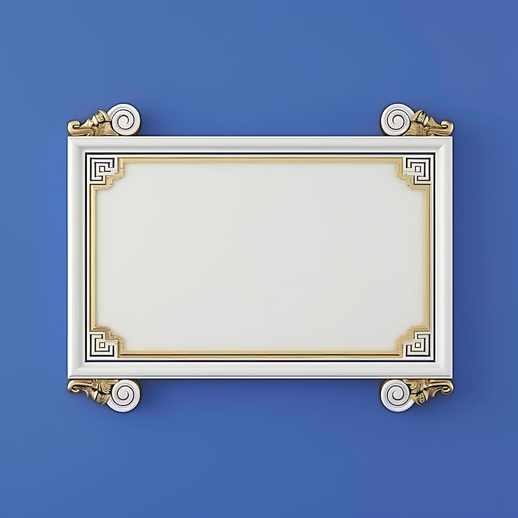 Photo a white framed picture with gold trim on a blue background