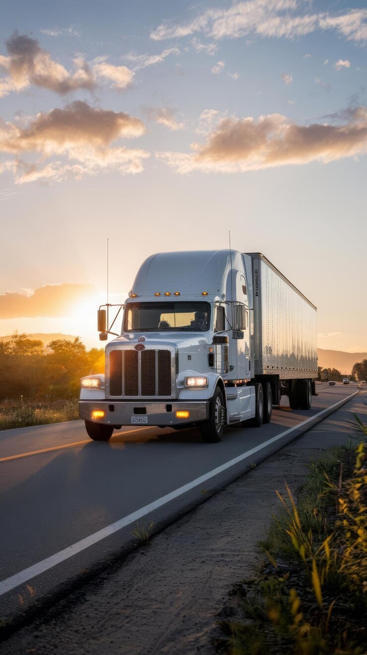A white semi truck is driving down a road with the sun setting behind it