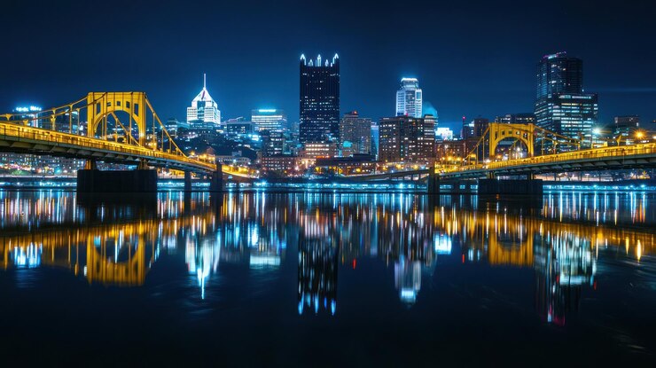 A wideangle photograph of a city skyline at night with illuminated buildings and bridges reflected in a river
