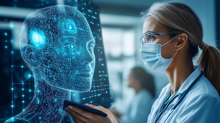 a woman in a medical mask looking at a cell phone