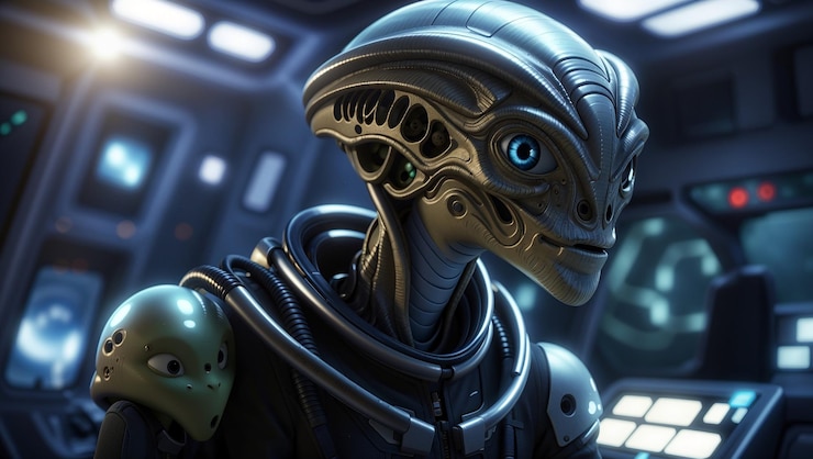 Photo a woman in a spacesuit is seated and talking to a metallic alien