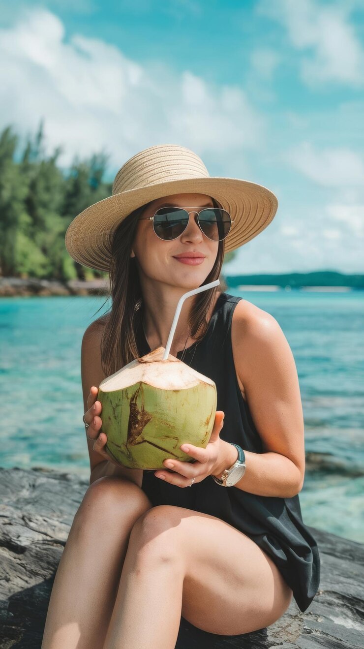 A woman in a straw hat drinks a tropical coconut