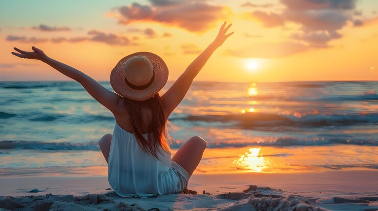 a woman is sitting on the beach with her arms outstretched and the sun is setting behind her