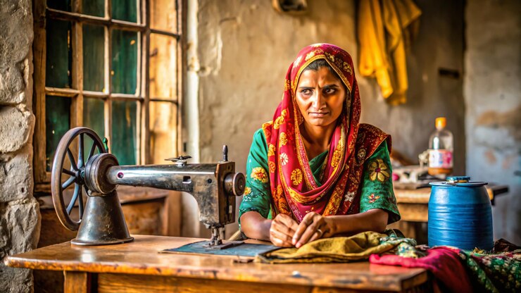 a woman sits at a desk with a sewing machine and a sewing machine