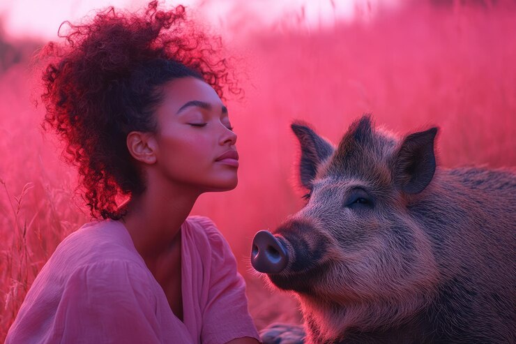 A woman sitting on a rock with a wild boar lying nearby both looking out into the distance isolated on a pastel pink background