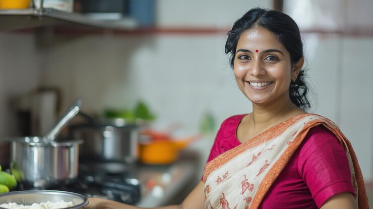 A woman smiles warmly while cooking surrounded by fresh vegetables and kitchen utensils