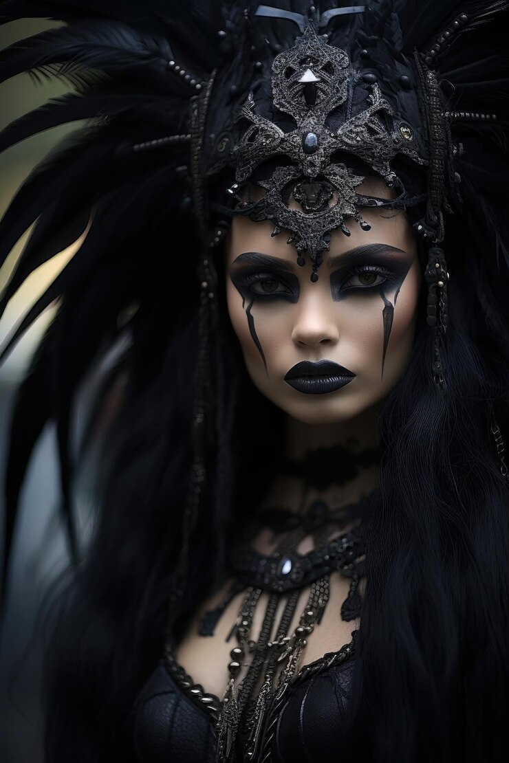 a woman wearing a black headdress and black makeup