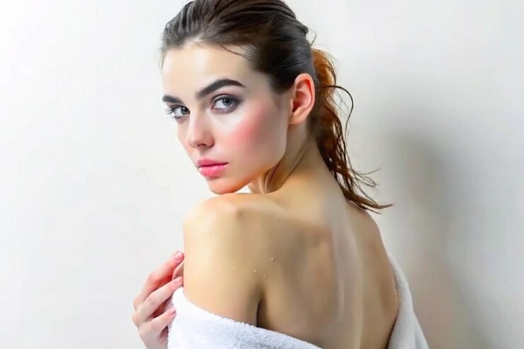 a woman with a towel wrapped around her neck