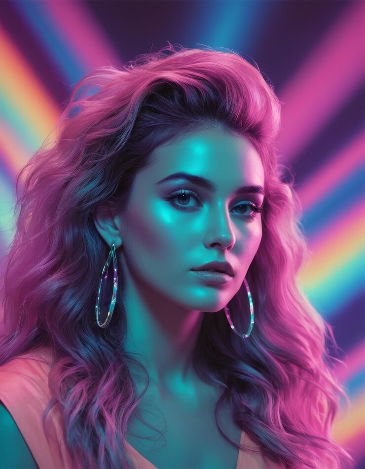a woman with long hair and a colorful shirt is shown with a rainbow colored background