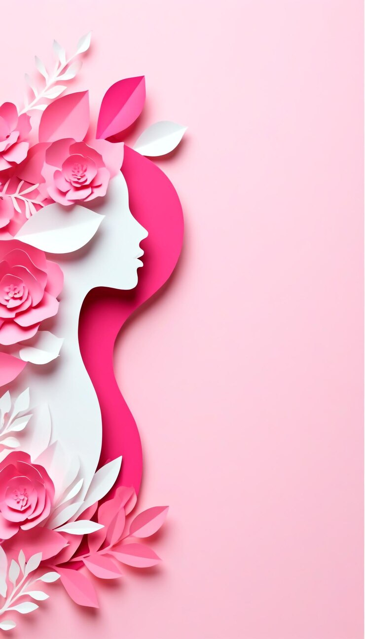 a womans face is shown with flowers on the pink background