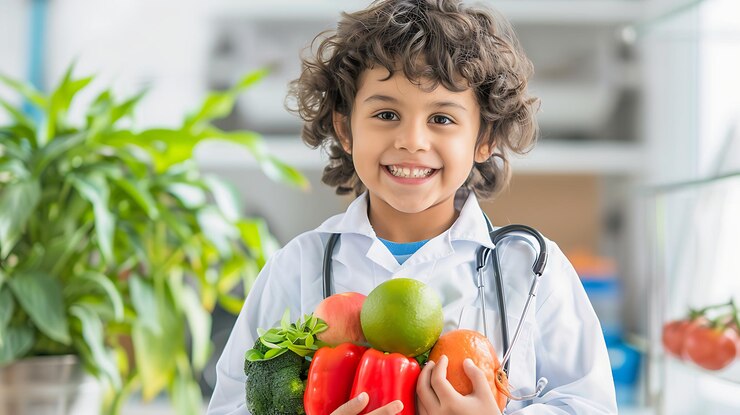 A young boy dressed in a white lab coat and stethoscope holds a variety of fruits and vegetables