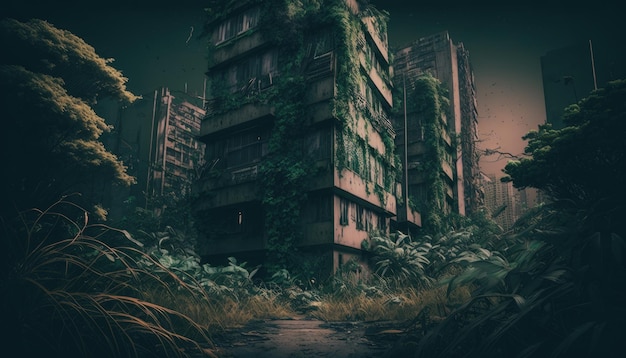 Abandoned Cityscape post apocaliptic city dark mood urban horror fantasy decor Generative ai