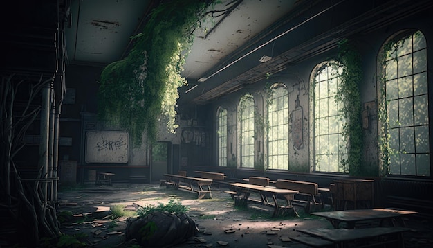 Abandoned School Class città post apocalittica dark mood urban horror fantasy decor Generative ai