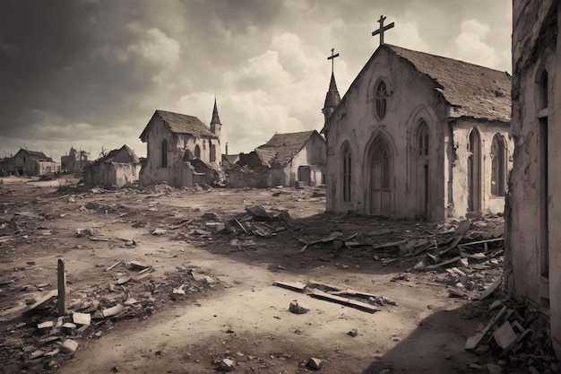 Abbandona la chiesa sacra distrutta durante la guerra mondiale arte generativa di AI