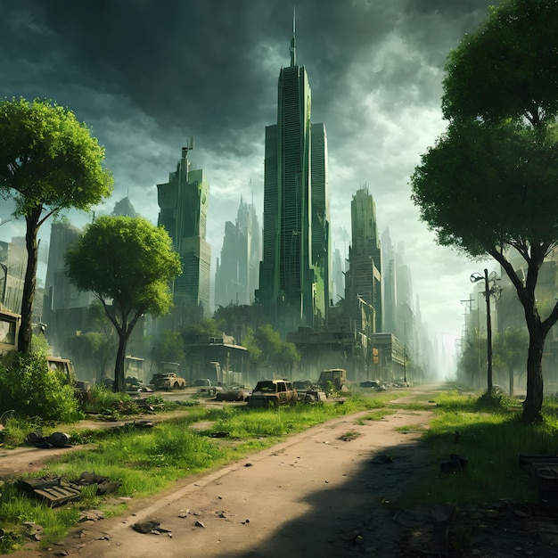 Abbandona la città post apocalittica con l'arte generativa dell'albero verde di AI