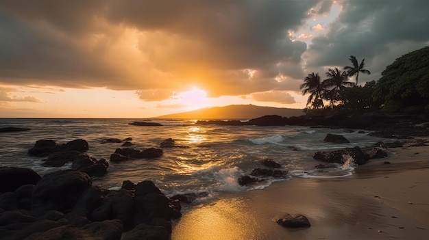 Abbandonati al fascino accattivante di una spiaggia hawaiana al tramonto mentre il sole tramonta sotto l'orizzonte Generato dall'IA