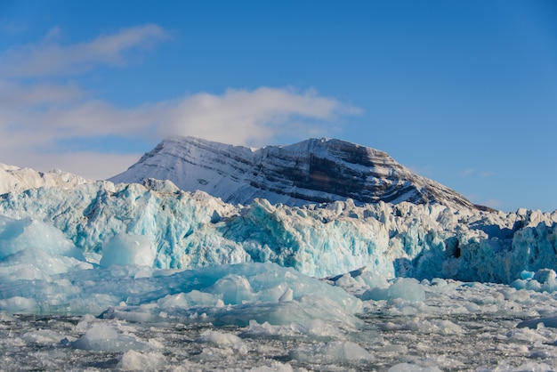 Abbellisca con il ghiacciaio nelle Svalbard ad ora legale. Tempo soleggiato.