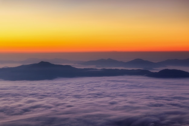 Abbellisca con la foschia alla montagna di Pha Tung nel tempo dell&#39;alba, Chiang Rai Province, Thailan