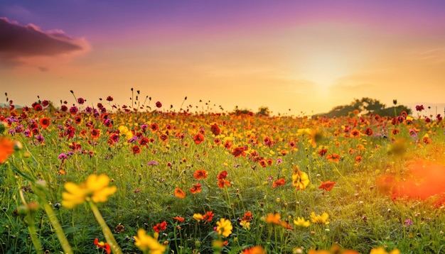 Abbellisca il fondo della natura di bello giacimento di fiore dell'universo rosa e rosso sul tramonto