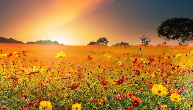 Abbellisca il fondo della natura di bello giacimento di fiore dell'universo rosa e rosso sul tramonto