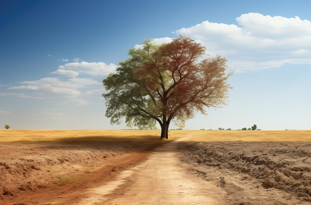 Abbellisci un albero solitario in un campo durante una stagione secca Messa a fuoco morbida selettiva