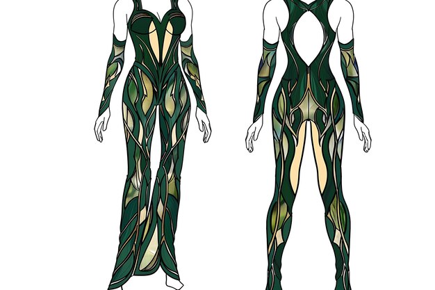 Abbigliamento 2D Jumpsuit con taglio laser pannello di vetro colorato Inserti Concept di moda Idea Art Design