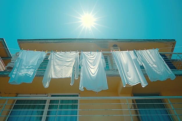 Abbigliamento appena lavato appeso sul balcone con un cielo blu brillante fotografia professionale