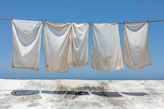 Abbigliamento appena lavato appeso sul balcone con un cielo blu brillante fotografia professionale