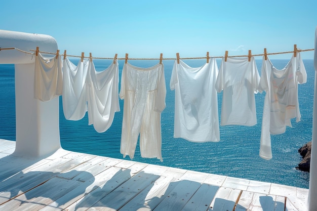 Abbigliamento appena lavato appeso sul balcone con un cielo blu brillante fotografia professionale