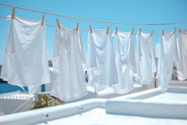 Abbigliamento appena lavato appeso sul balcone con un cielo blu brillante fotografia professionale