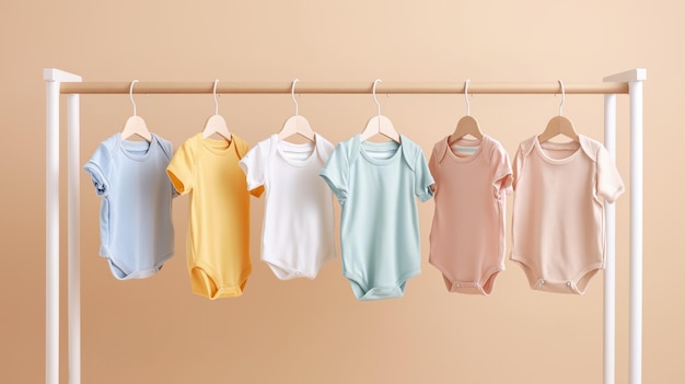 Abbigliamento carino per bambini appeso su un rack contro uno sfondo beige