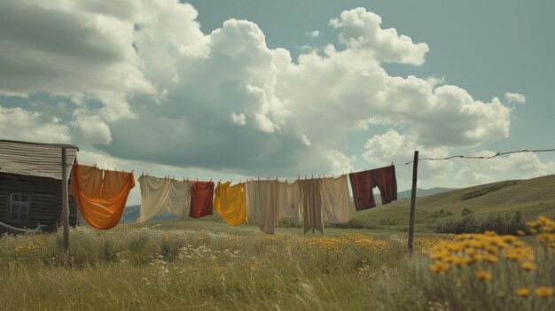 Abbigliamento colorato appeso a una corda in un campo con vista sul mare