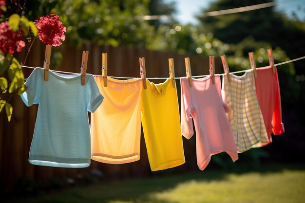 Abbigliamento da bambino colorato appeso a un filo da bucato fuori nel giardino al sole dopo il lavaggio