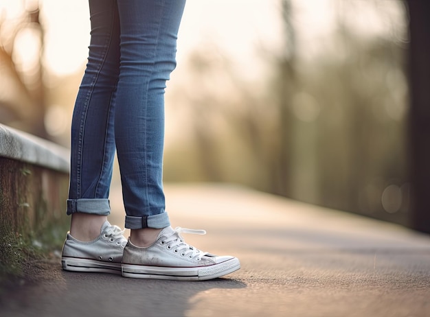 Abbigliamento da donna in jeans e scarpe da passeggio che camminano sulla strada di campagna la domenica sotto il cielo blu