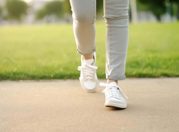 Abbigliamento da donna in jeans e scarpe da passeggio che camminano sulla strada di campagna la domenica sotto il cielo blu