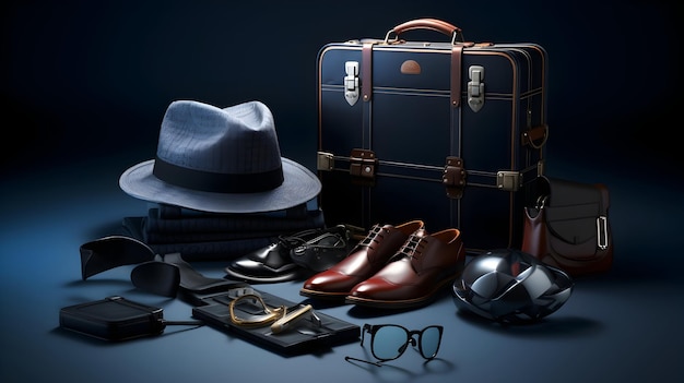 Abbigliamento da viaggio Dapper con scarpe e accessori disposti su un'elegante superficie nera