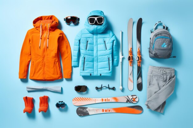 Abbigliamento di moda per gli sport invernali Un accattivante appartamento su uno sfondo blu chiaro